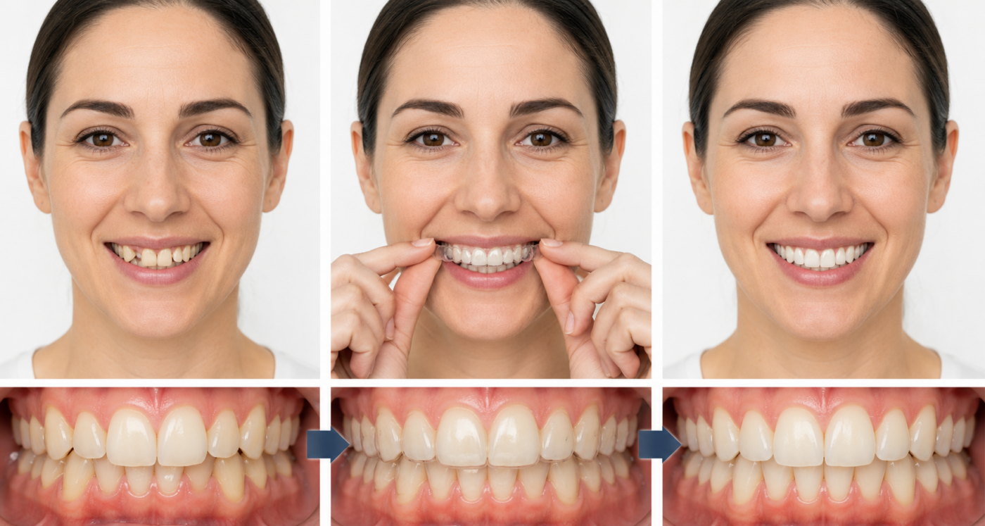 Évolution d'un traitement Invisalign chez un adulte avec alignement progressif des dents grâce aux aligneurs transparents