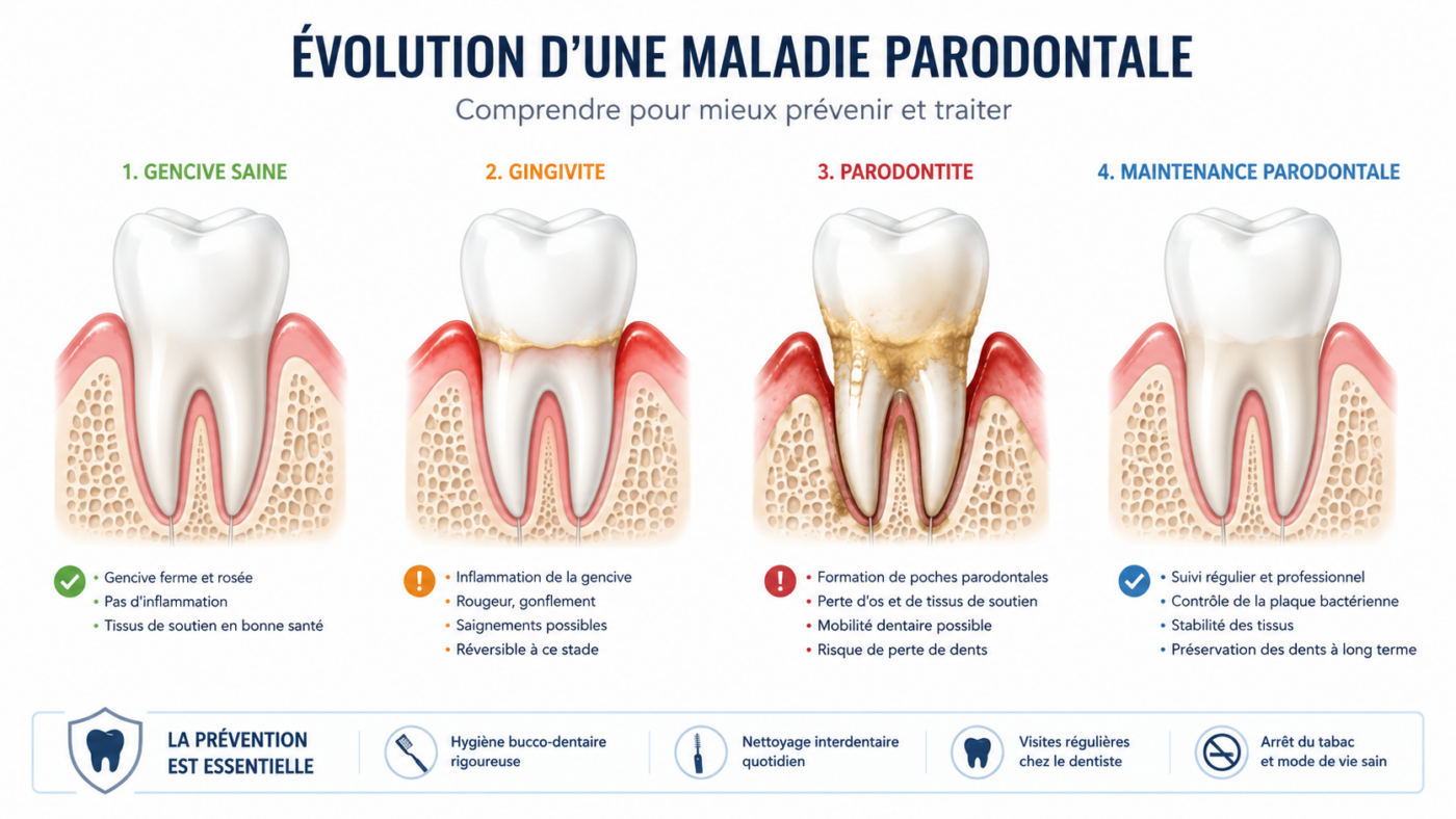 Schéma illustrant l’évolution d’une maladie parodontale de la gingivite à la parodontite et le rôle de la maintenance parodontale.