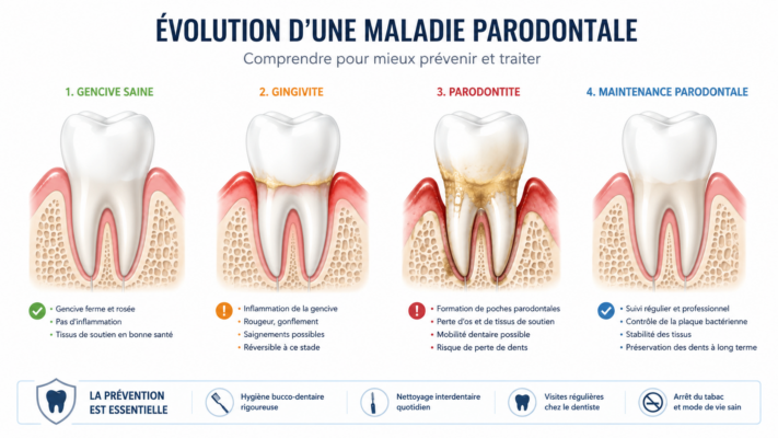 Schéma illustrant l’évolution d’une maladie parodontale de la gingivite à la parodontite et le rôle de la maintenance parodontale.