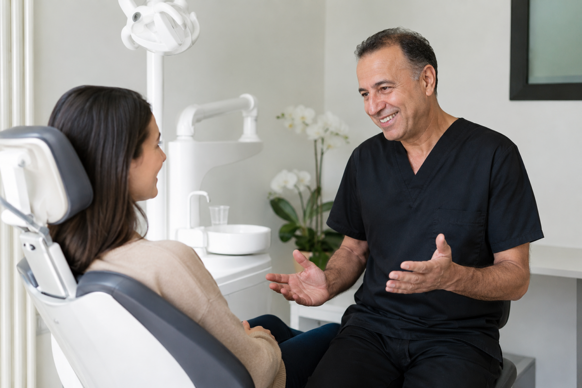 Dentiste rassurant échangeant avec un patient anxieux dans un cabinet dentaire à Aix-en-Provence.