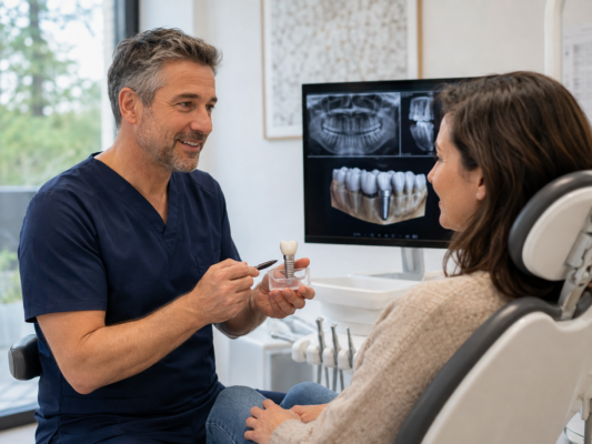Dentiste expliquant un traitement d’implantologie près d’Apt à une patiente
