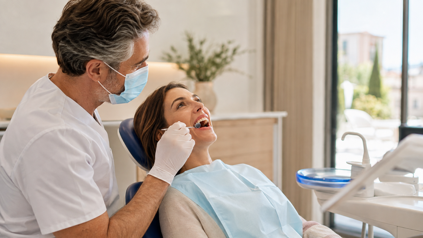 Dentiste réalisant un examen des gencives pour une patiente de Bandol ou Sanary-sur-Mer