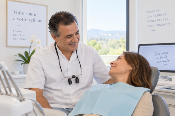 Dentiste pour patients anxieux près de Toulon réalisant des soins dentaires en douceur avec le Dr Zine IDRISSI à Aix-en-Provence