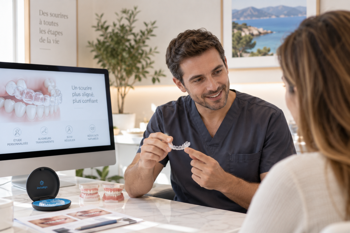 Consultation en orthodontie adulte et Invisalign près de Toulon avec présentation d’aligneurs transparents